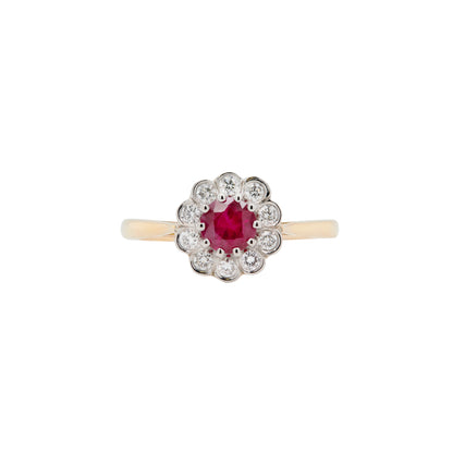 A stunning Round Ruby and Diamond Halo 18 Yellow Gold and Platinum Cluster Engagement Ring
