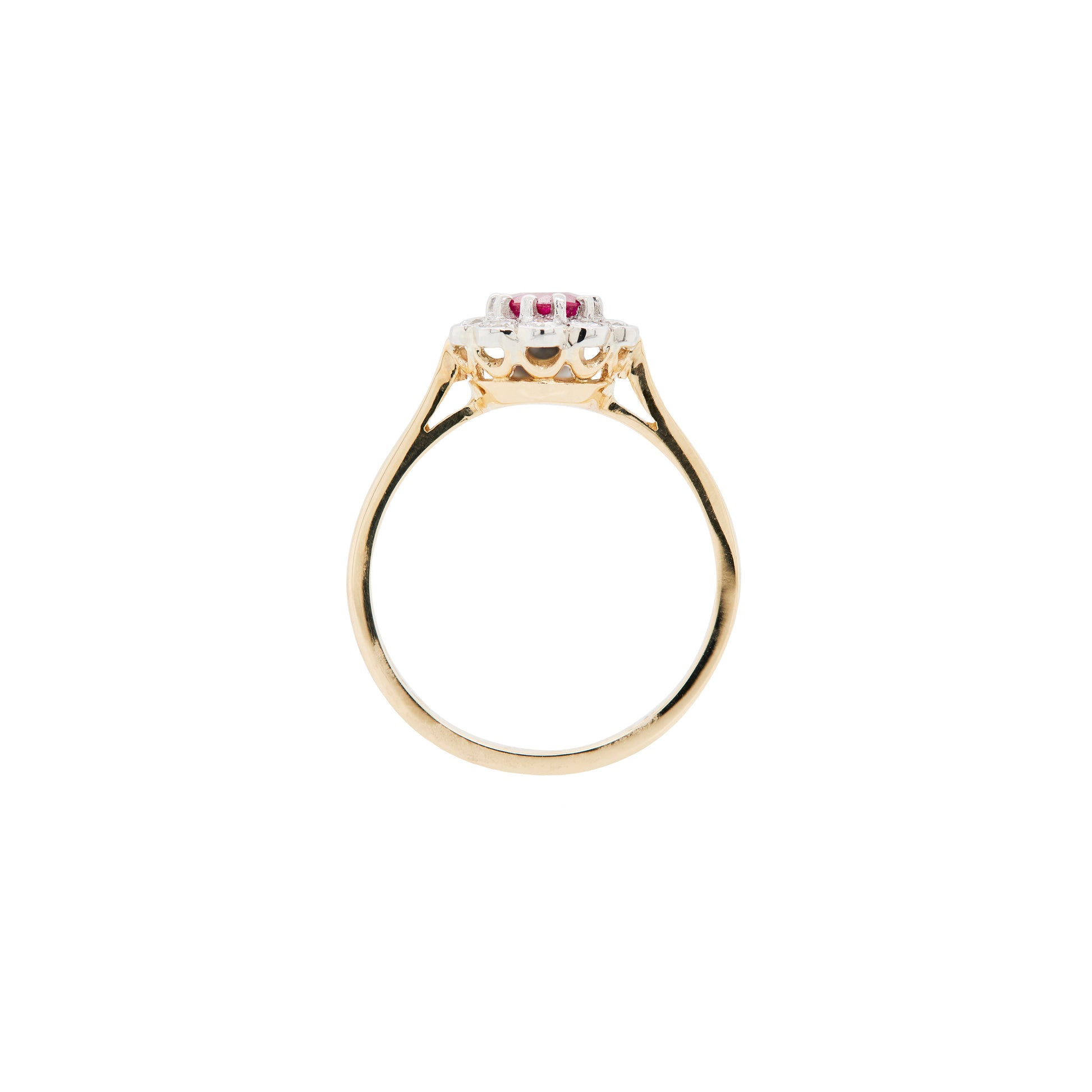 Gold ring with a central gemstone and smaller stones on a white background - side view