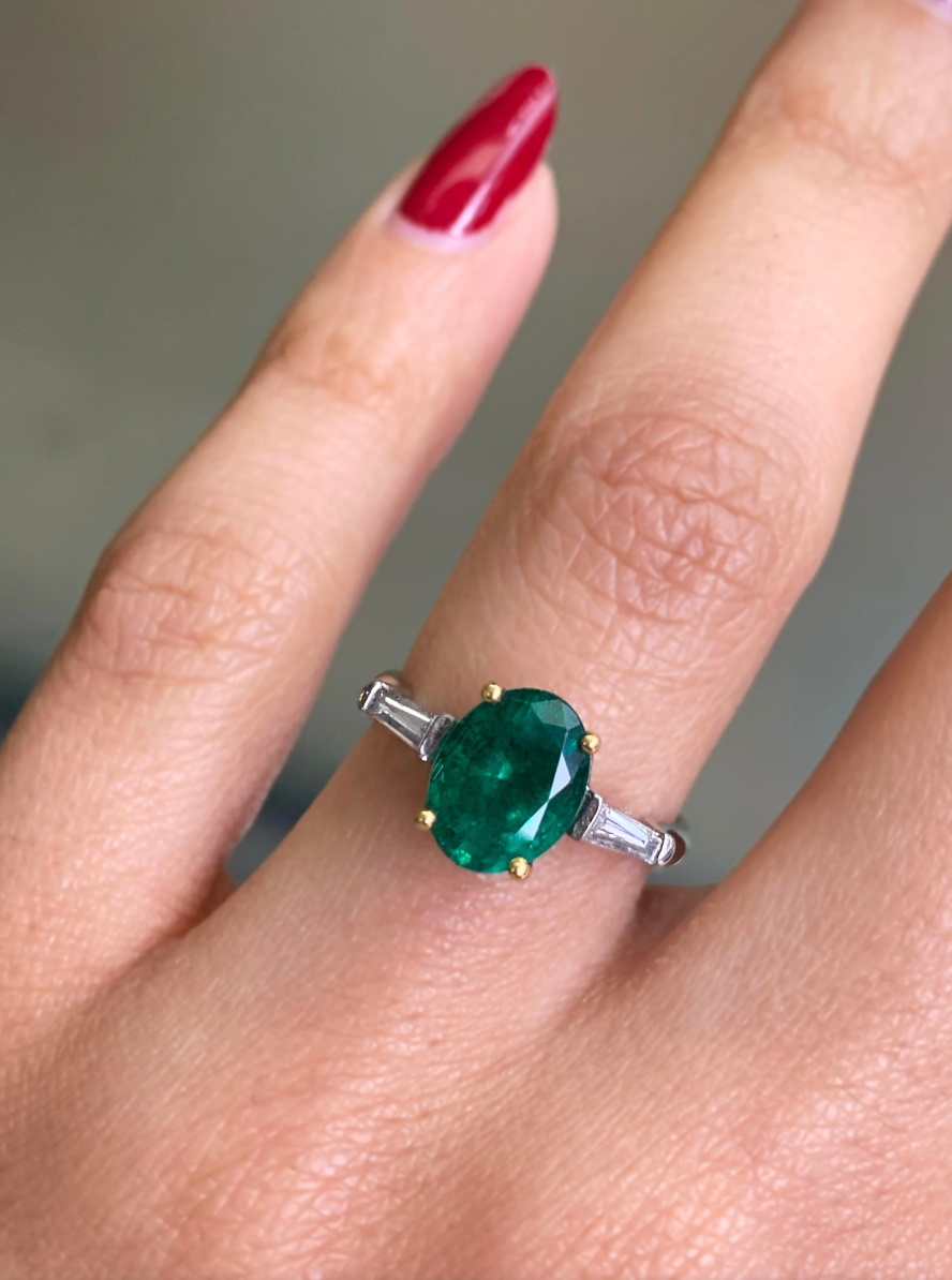 1.77 Carat Oval Emerald and Diamond platinum and 18 Carat Gold Engagement Ring