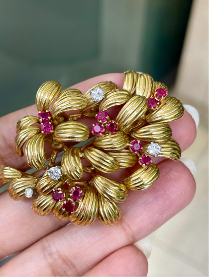 Vintage Ben Rosenfeld Ruby and Diamond 18 Carat Gold Foliate Brooch