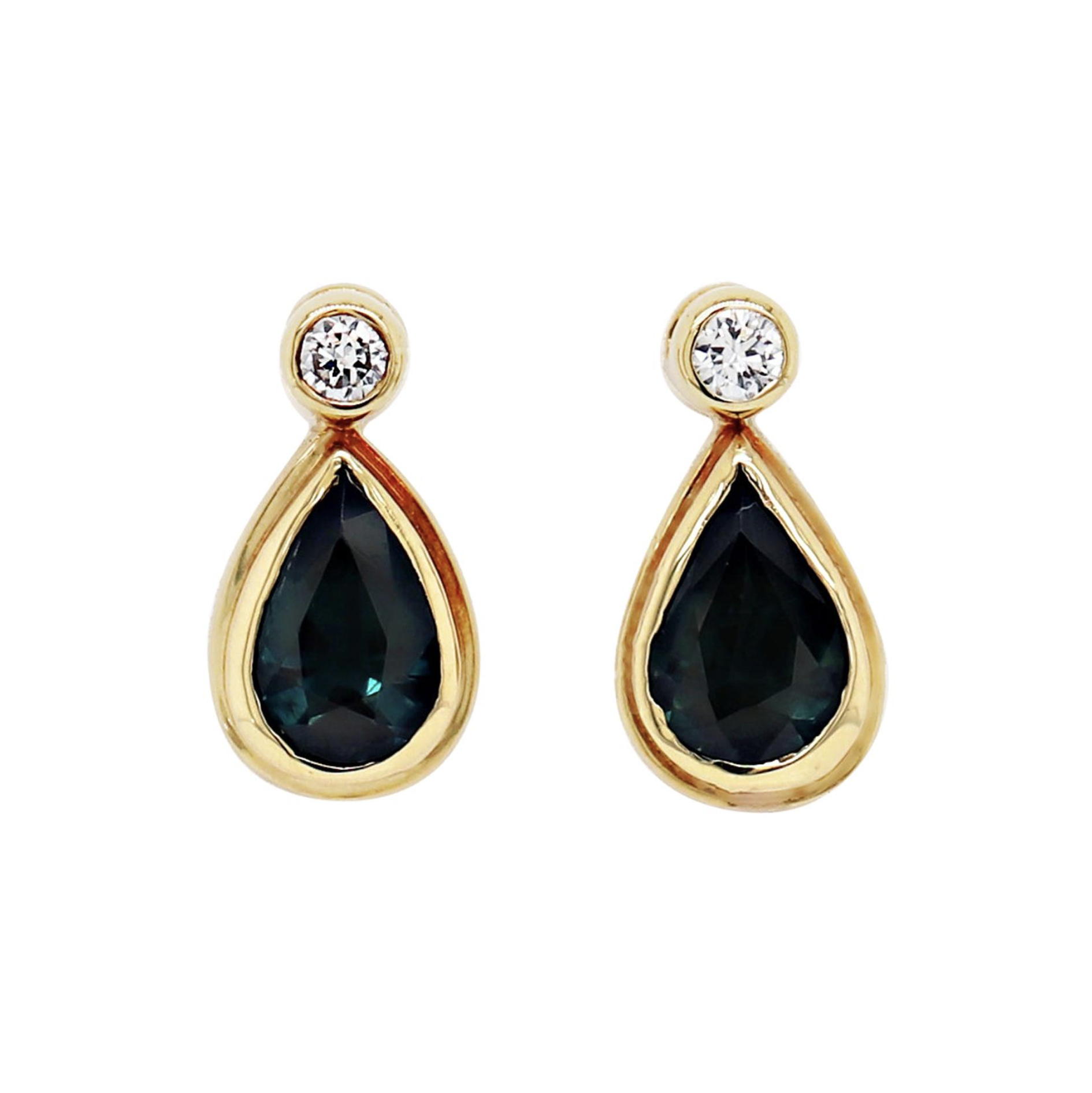 Blue Sapphire and Diamond 18 Carat Yellow Gold Drop Earrings - Tobi Gem Setting