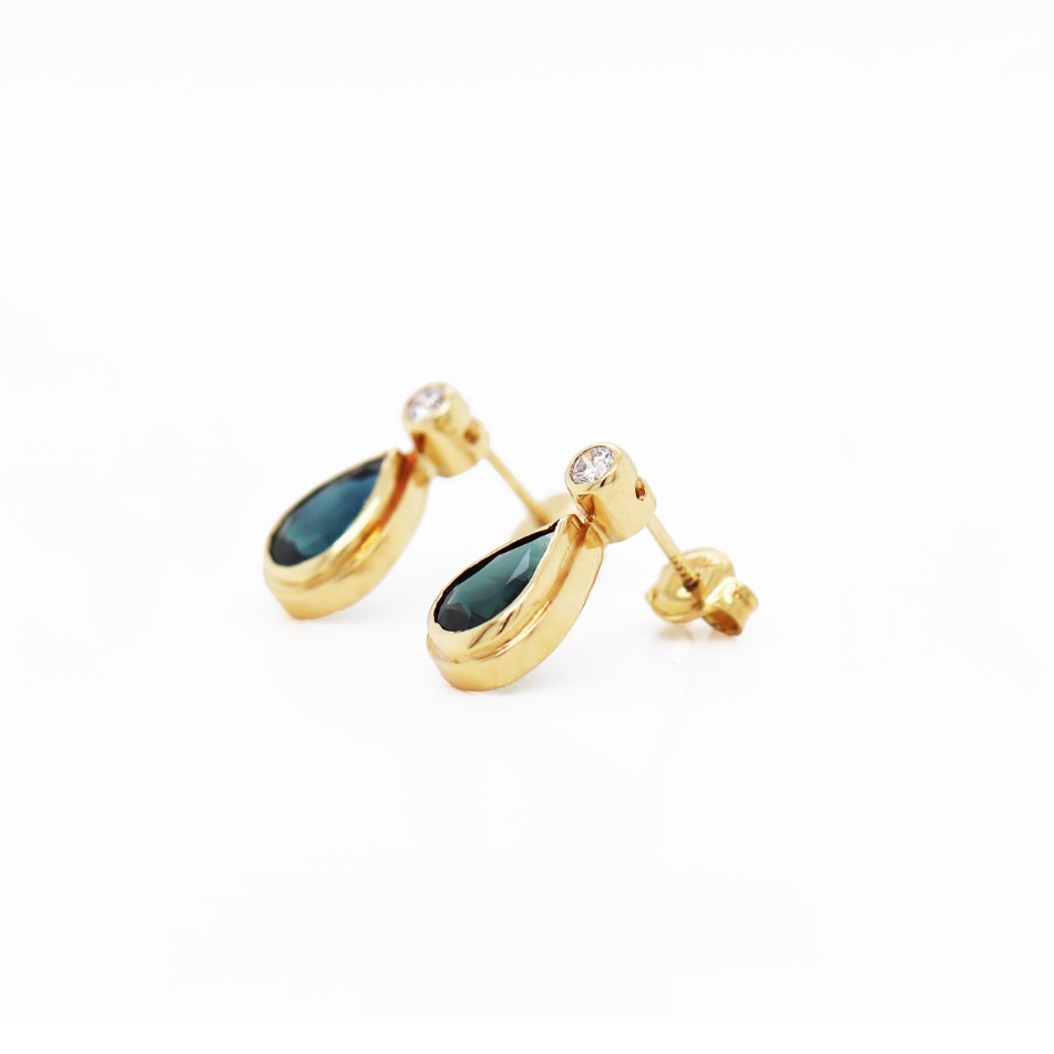 Blue Sapphire and Diamond 18 Carat Yellow Gold Drop Earrings - Tobi Gem Setting