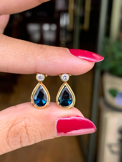 Blue Sapphire and Diamond 18 Carat Yellow Gold Drop Earrings - Tobi Gem Setting