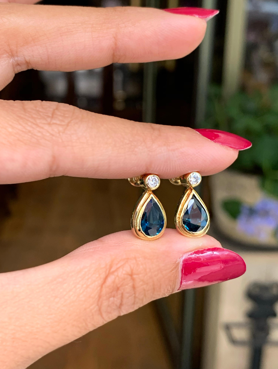 Blue Sapphire and Diamond 18 Carat Yellow Gold Drop Earrings - Tobi Gem Setting