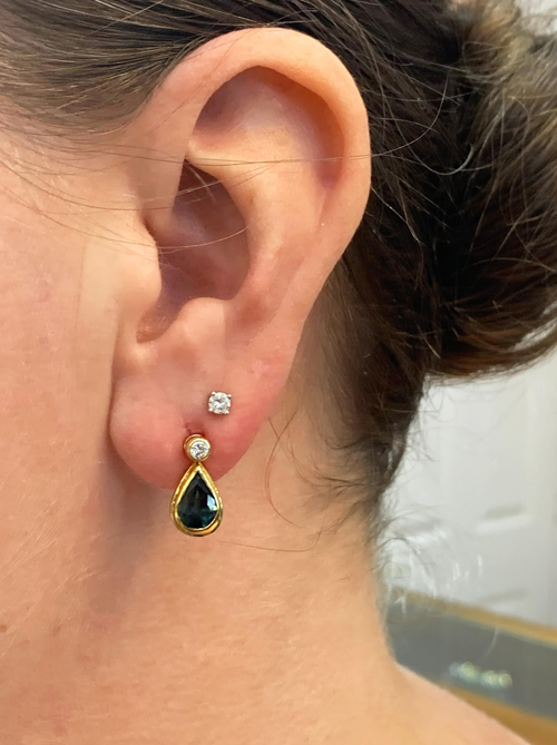 Blue Sapphire and Diamond 18 Carat Yellow Gold Drop Earrings