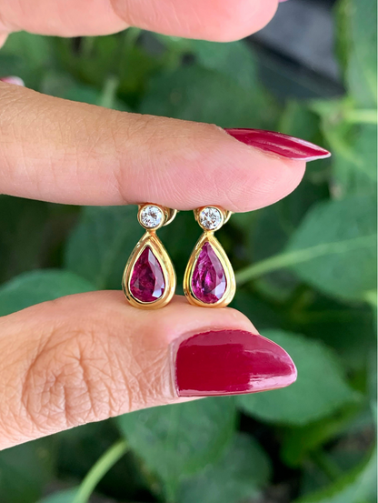 Ruby and Diamond 18 Carat Yellow Gold Drop Earrings