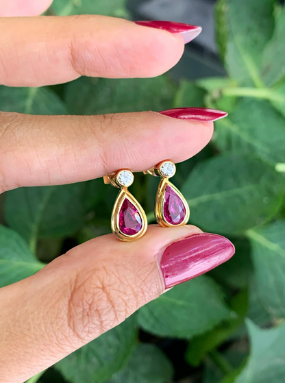Ruby and Diamond 18 Carat Yellow Gold Drop Earrings