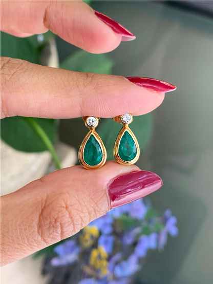Emerald and Diamond 18 Carat Yellow Gold Drop Earrings