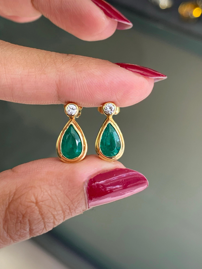 Emerald and Diamond 18 Carat Yellow Gold Drop Earrings