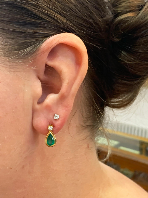 Emerald and Diamond 18 Carat Yellow Gold Drop Earrings
