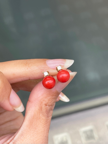 Coral and Diamond 18 Carat Yellow Gold Stud Earrings