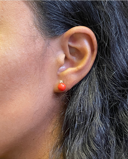 Coral and Diamond 18 Carat Yellow Gold Stud Earrings