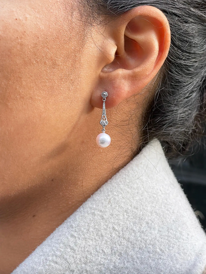 Pearl and Old Cut Diamond Open Work Platinum Drop Earrings
