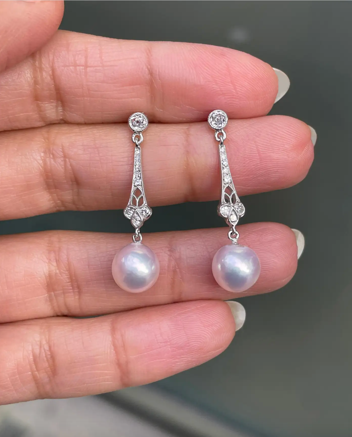 Pearl and Old Cut Diamond Open Work Platinum Drop Earrings