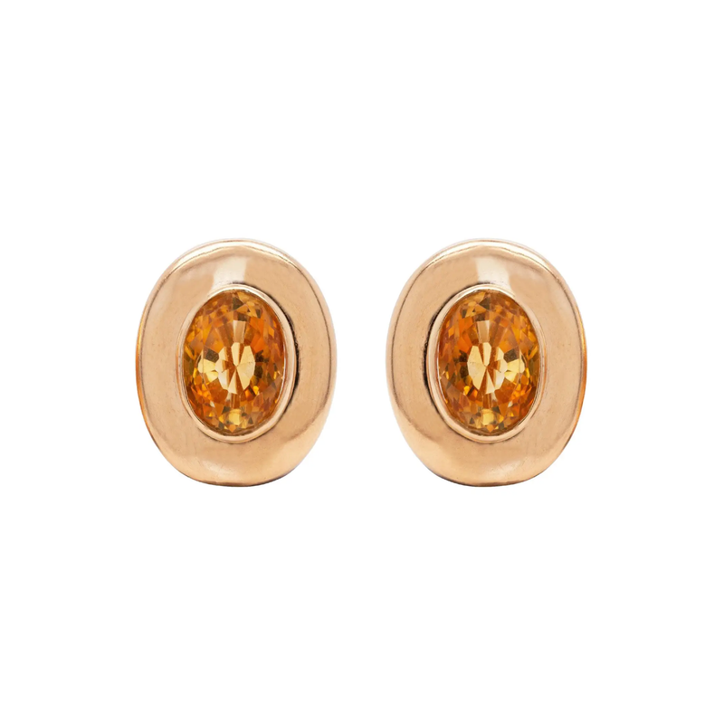 A pair of 18 carat yellow gold large oval stud earrings with a central citrine stone.