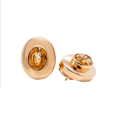 side view Citrine and 18 Carat Yellow Gold Large Oval Stud Earrings
