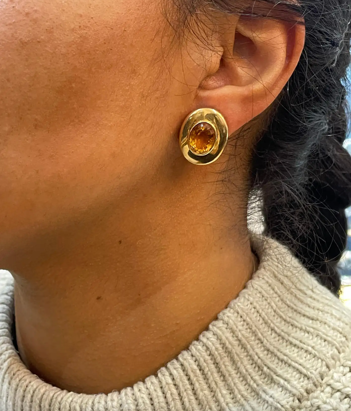 lady wearing Citrine and 18 Carat Yellow Gold Large Oval Stud Earrings