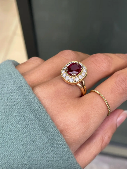 Ruby and Diamond 18 Carat Yellow Gold Cluster Engagement Ring