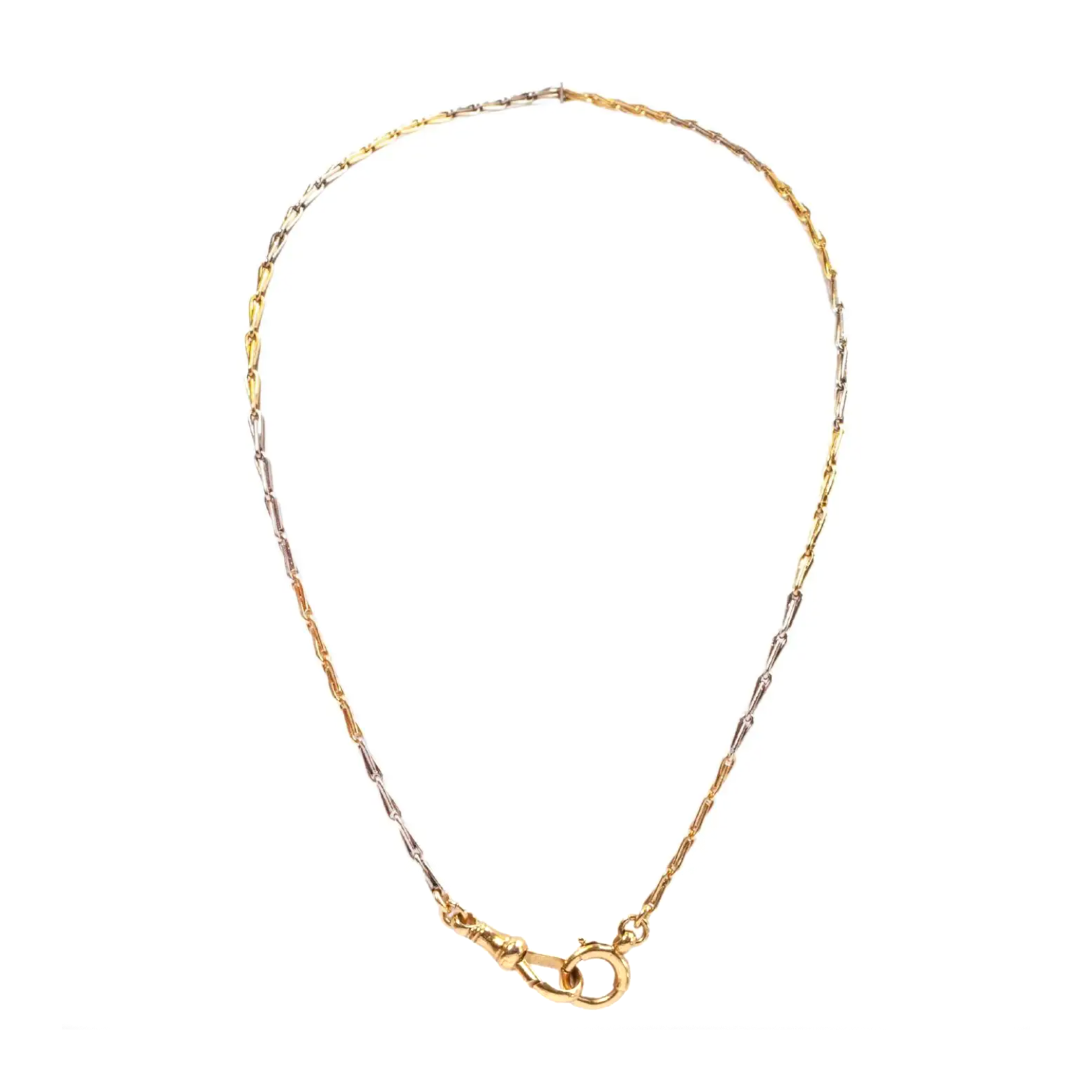 Antique two-tone (white and yellow gold) Albert chain necklace with a lobster clasp, approximately 15 inches in length.