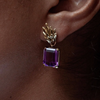 lady wearing a Vintage Amethyst 18 Carat Yellow Gold drop earing