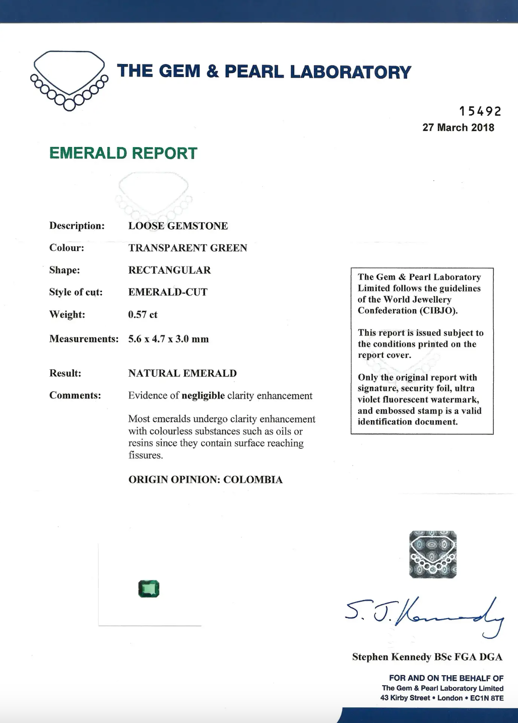 emerald report 0.57ct transparent green
