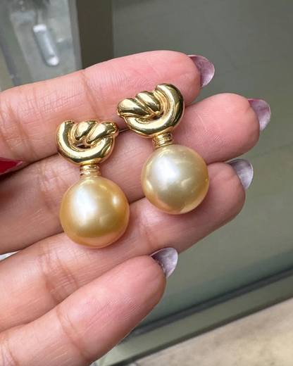 Golden Cultured Pearl and 18 Carat Yellow Gold Love Knot Dangle Earrings