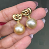 Golden Cultured Pearl and 18 Carat Yellow Gold Love Knot Dangle Earrings