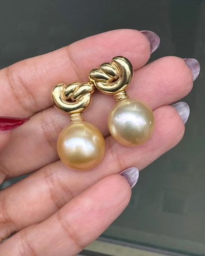 Golden Cultured Pearl and 18 Carat Yellow Gold Love Knot Dangle Earrings