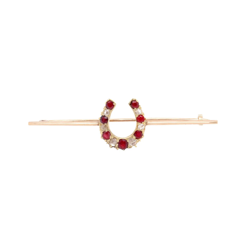 Ruby and Old Cut Diamond 9K Rose Gold & 15K Yellow Gold Horseshoe Bar Brooch