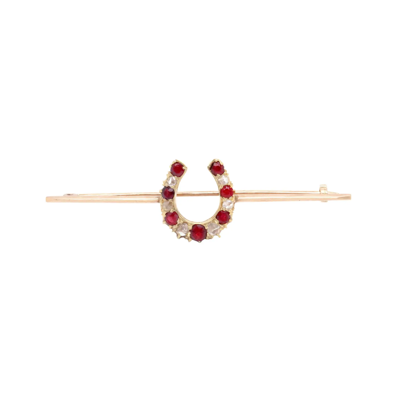 Ruby and Old Cut Diamond 9K Rose Gold & 15K Yellow Gold Horseshoe Bar Brooch