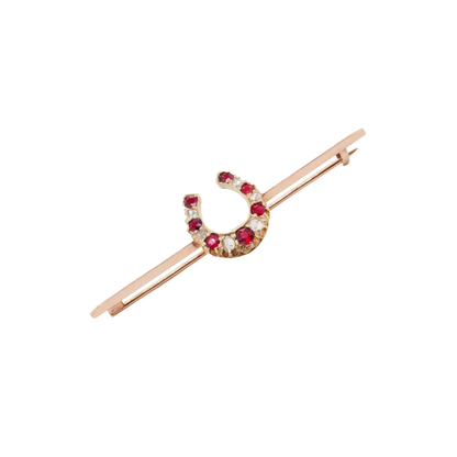 Ruby and Old Cut Diamond 9K Rose Gold & 15K Yellow Gold Horseshoe Bar Brooch
