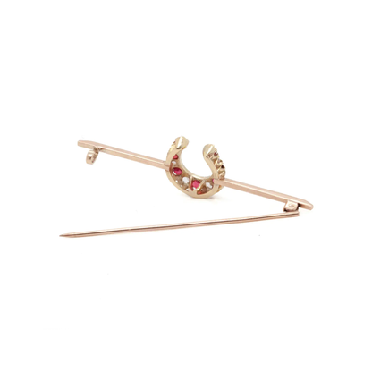 Ruby and Old Cut Diamond 9K Rose Gold & 15K Yellow Gold Horseshoe Bar Brooch
