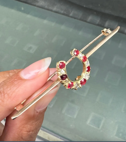 Ruby and Old Cut Diamond 9K Rose Gold & 15K Yellow Gold Horseshoe Bar Brooch