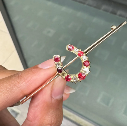 Ruby and Old Cut Diamond 9K Rose Gold & 15K Yellow Gold Horseshoe Bar Brooch