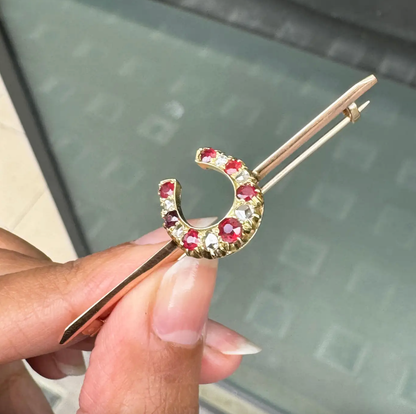 Ruby and Old Cut Diamond 9K Rose Gold & 15K Yellow Gold Horseshoe Bar Brooch