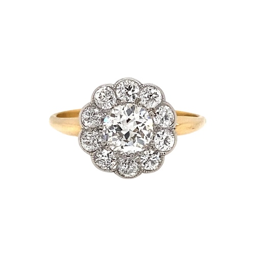 18ct Yellow and White Gold Old Cut Diamond Antique Flower Coronet Cluster Ring