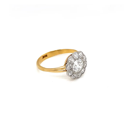 18ct Yellow and White Gold Old Cut Diamond Antique Flower Coronet Cluster Ring