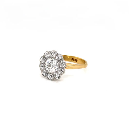 18ct Yellow and White Gold Old Cut Diamond Antique Flower Coronet Cluster Ring