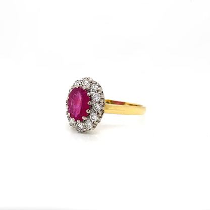 Oval Ruby and Diamond 18 Carat White and Yellow Gold Cluster Engagement Ring