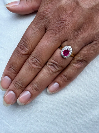 Oval Ruby and Diamond 18 Carat White and Yellow Gold Cluster Engagement Ring