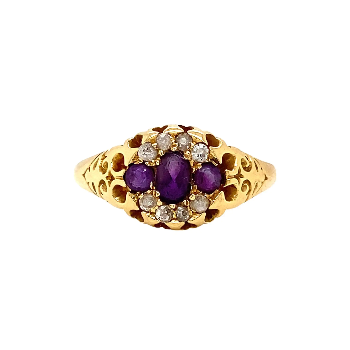 Antique Amethyst Diamond 18K Yellow Gold Carved Navette Cluster