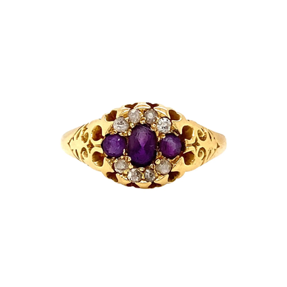 Antique Amethyst & Diamond 18K Yellow Gold Carved Open Work Navette Cluster Ring