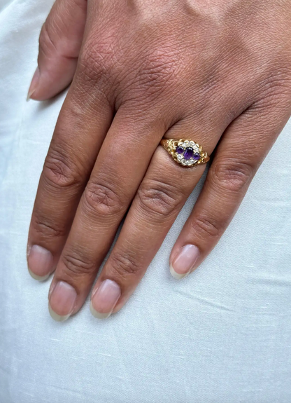 Antique Amethyst & Diamond 18K Yellow Gold Carved Open Work Navette Cluster Ring