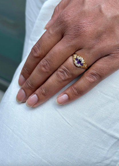 Antique Amethyst & Diamond 18K Yellow Gold Carved Open Work Navette Cluster Ring