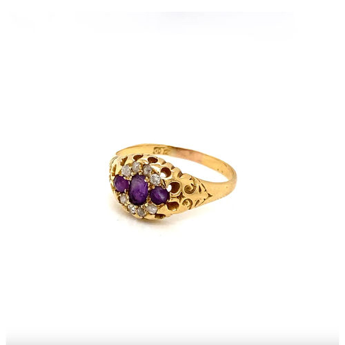 Antique Amethyst & Diamond 18K Yellow Gold Carved Open Work Navette Cluster Ring