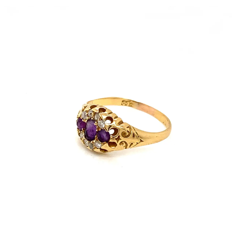 Antique Amethyst & Diamond 18K Yellow Gold Carved Open Work Navette Cluster Ring