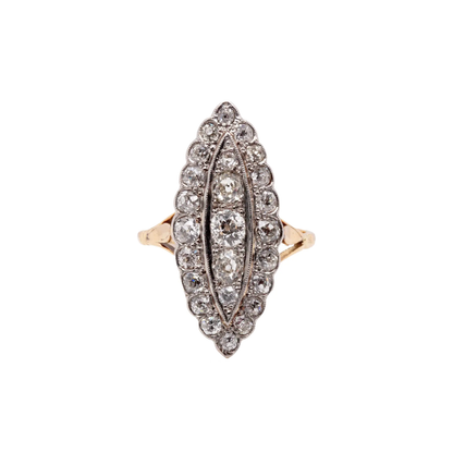 Old Mine Cut Diamond 18 Carat and Platinum Marquise Shape Cluster Ring, c1910