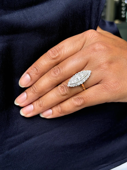 Old Mine Cut Diamond 18 Carat and Platinum Marquise Shape Cluster Ring, c1910