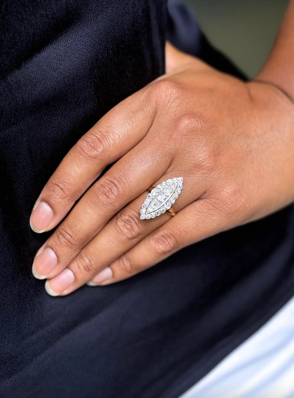 Old Mine Cut Diamond 18 Carat and Platinum Marquise Shape Cluster Ring, c1910