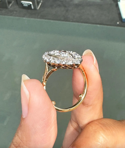 Old Mine Cut Diamond 18 Carat and Platinum Marquise Shape Cluster Ring, c1910